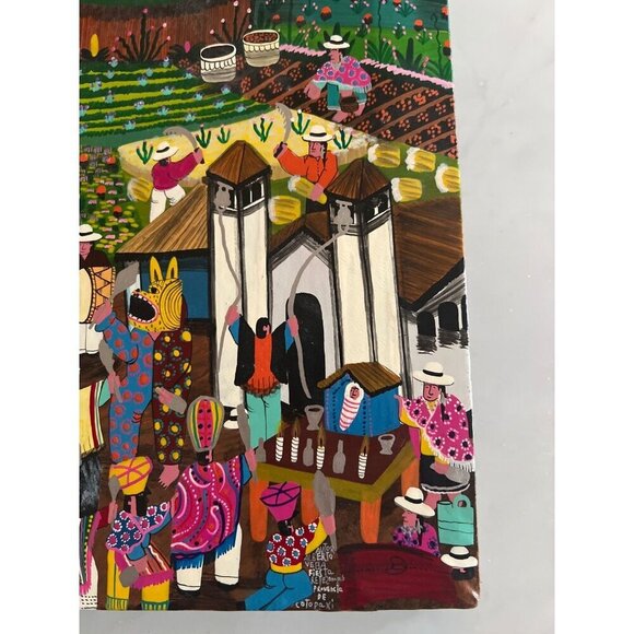 Vintage Alberto Vega Peruvian Folk Art Animal Hide Painting Bright Mid Century - Picture 3 of 11